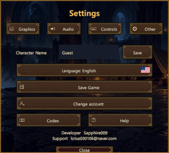 Settings categories, language selection, game saves, Codex, Help, and support information