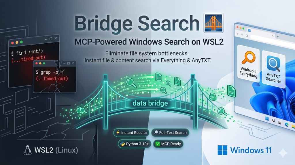 Diagram illustrating Bridge Search connecting WSL2 to Windows-native search tools Everything and AnyTXT.