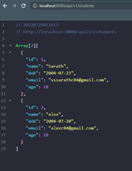 Json output of the api