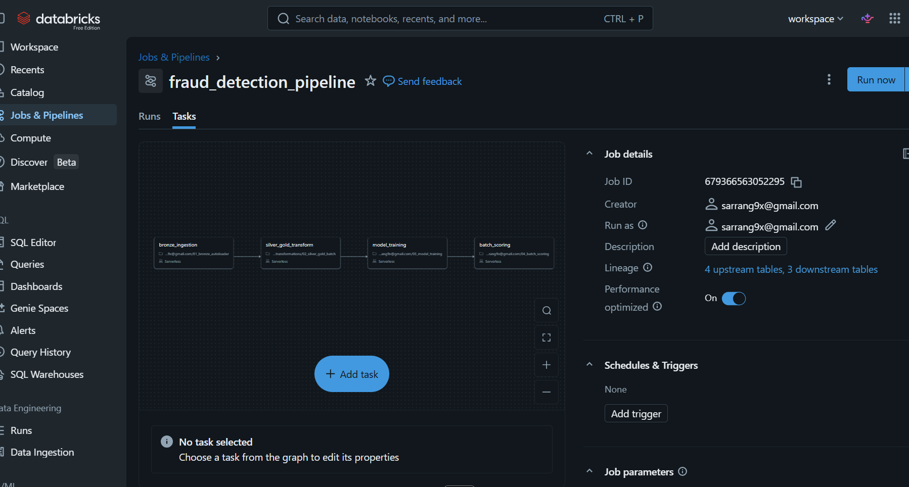 Databricks Job — all 4 tasks green
