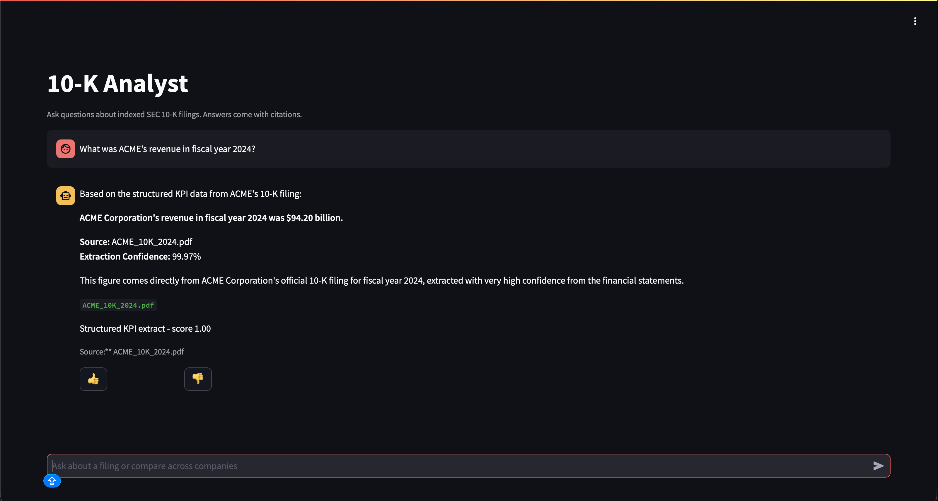 Deployed 10-K Analyst app showing an ACME revenue answer with a structured KPI citation chip