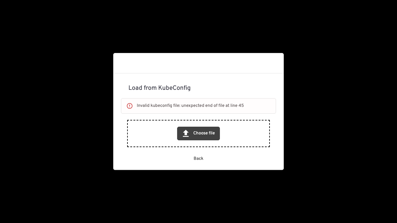 Kubeconfig load dialog showing a themed error alert with an error icon