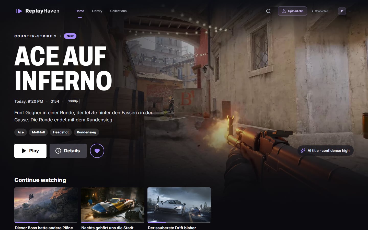 Web library home page with the newest clip, Ace auf Inferno, in the spotlight and a continue watching row below