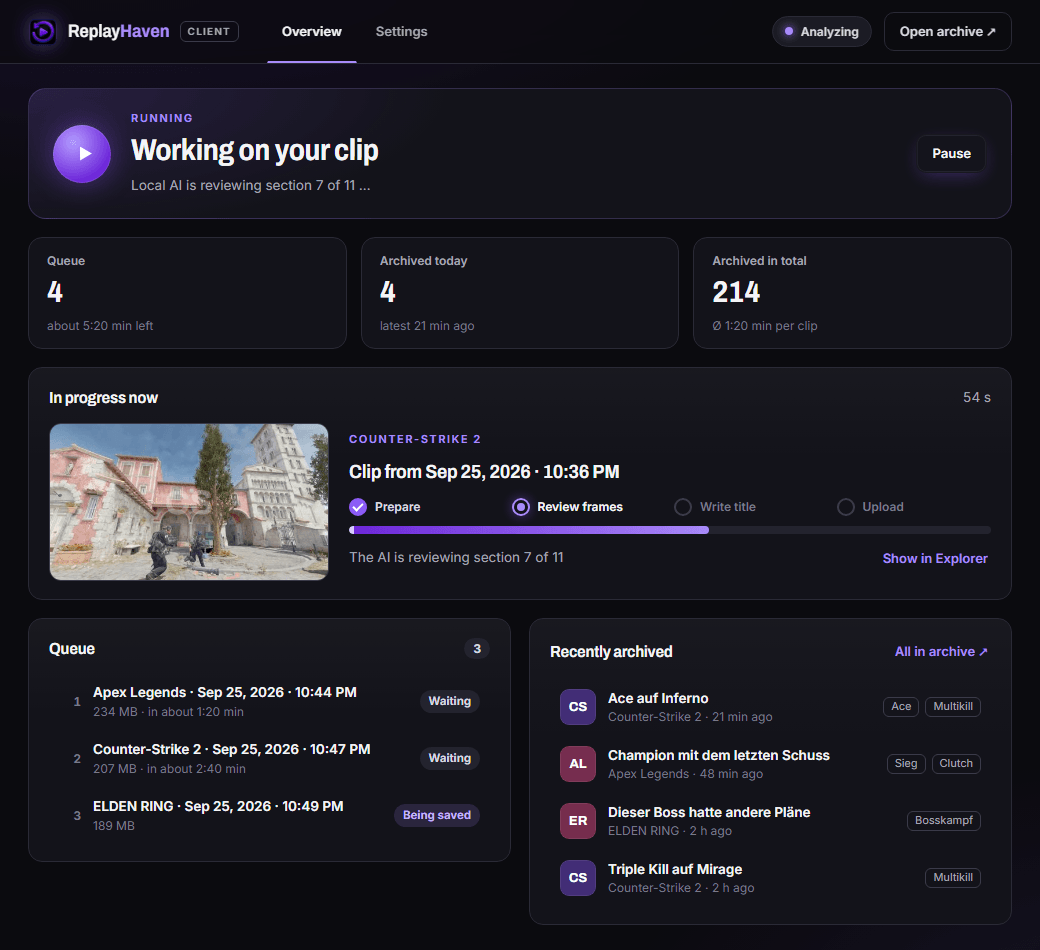 Windows client overview with the clip in progress, its steps and progress, the queue and recently archived clips with their AI titles