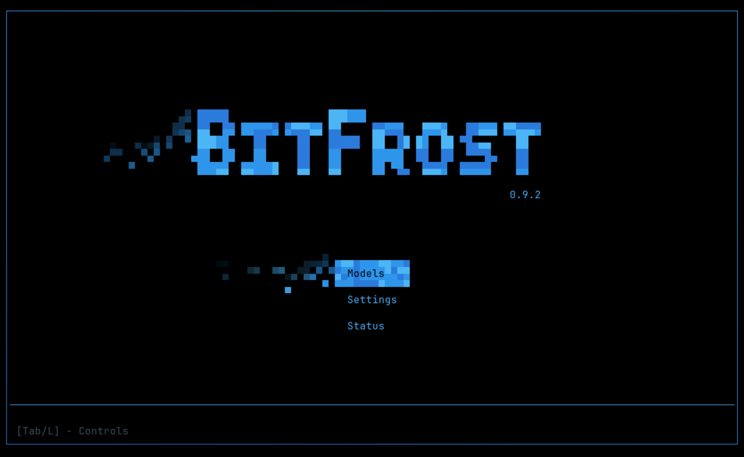 BitFrost terminal interface with Models, Settings and Status menu options