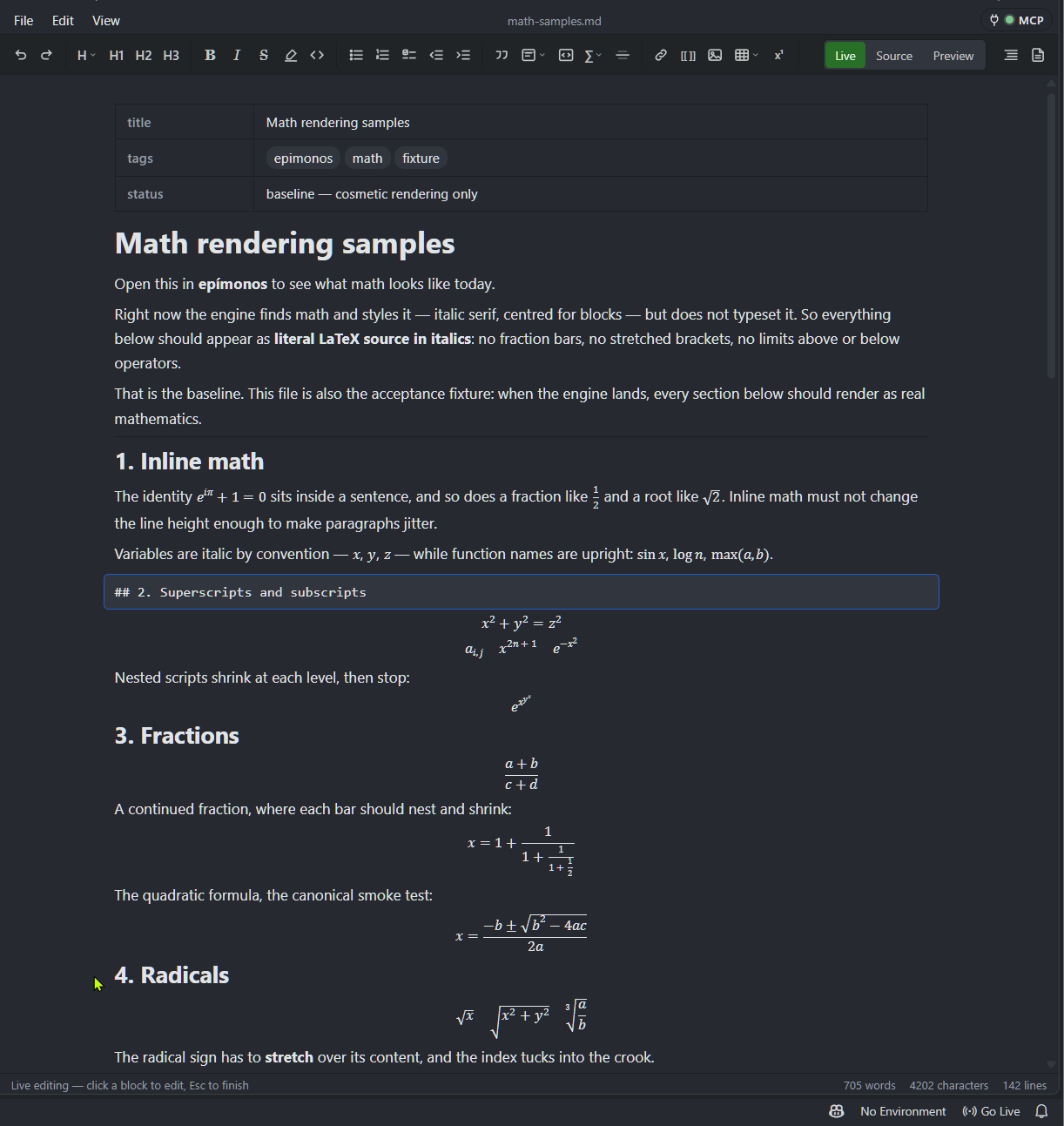 Live editing with typeset mathematics