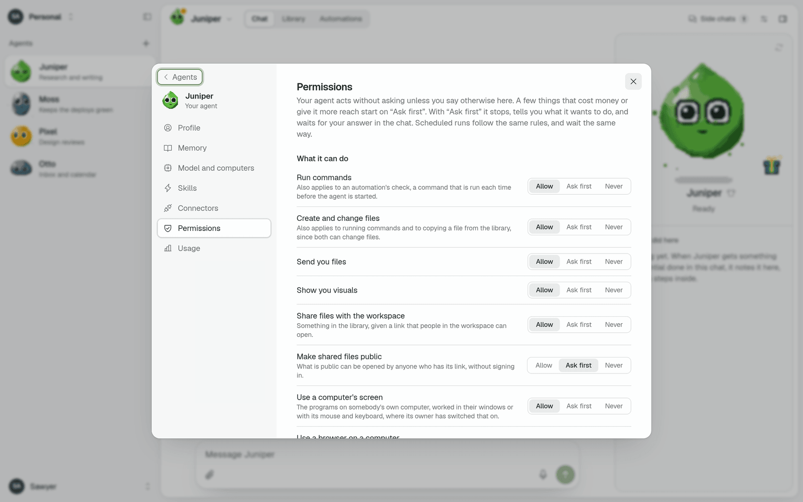 An agent's permissions, each set to Allow, Ask first or Never