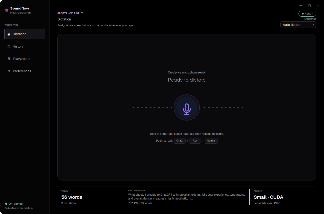 SoundFlow desktop dictation interface