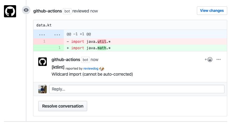 Example comment made by the action, with github-pr-review