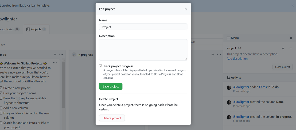 Enable "Track project progress"