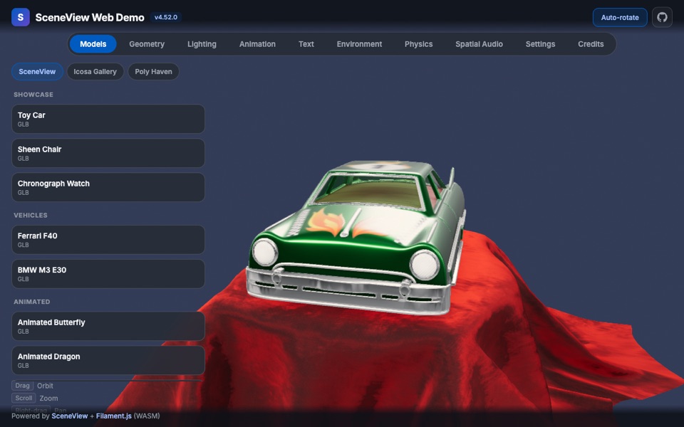 SceneView web demo: Toy Car rendered by Filament.js in a browser