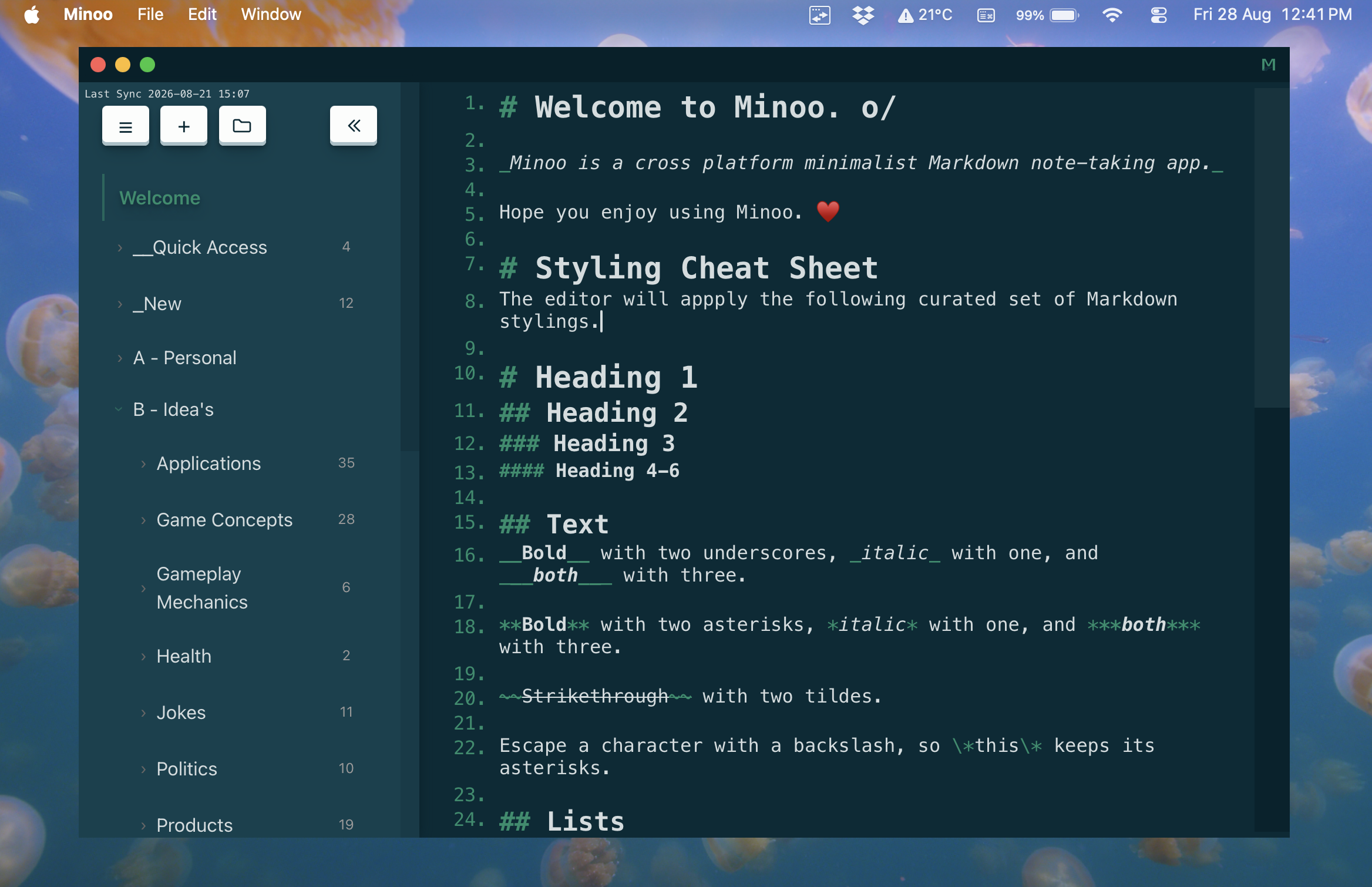 Minoo notes interface with notebooks and a Markdown document