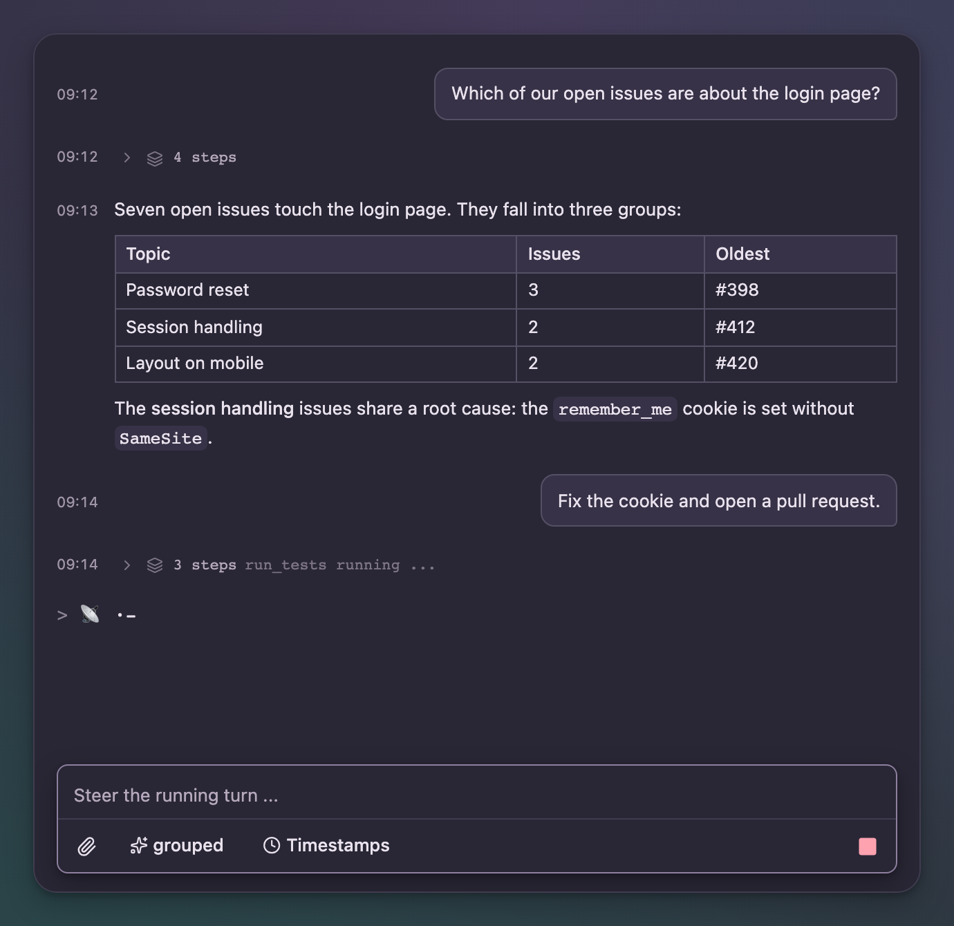 The agent chat in dark mode