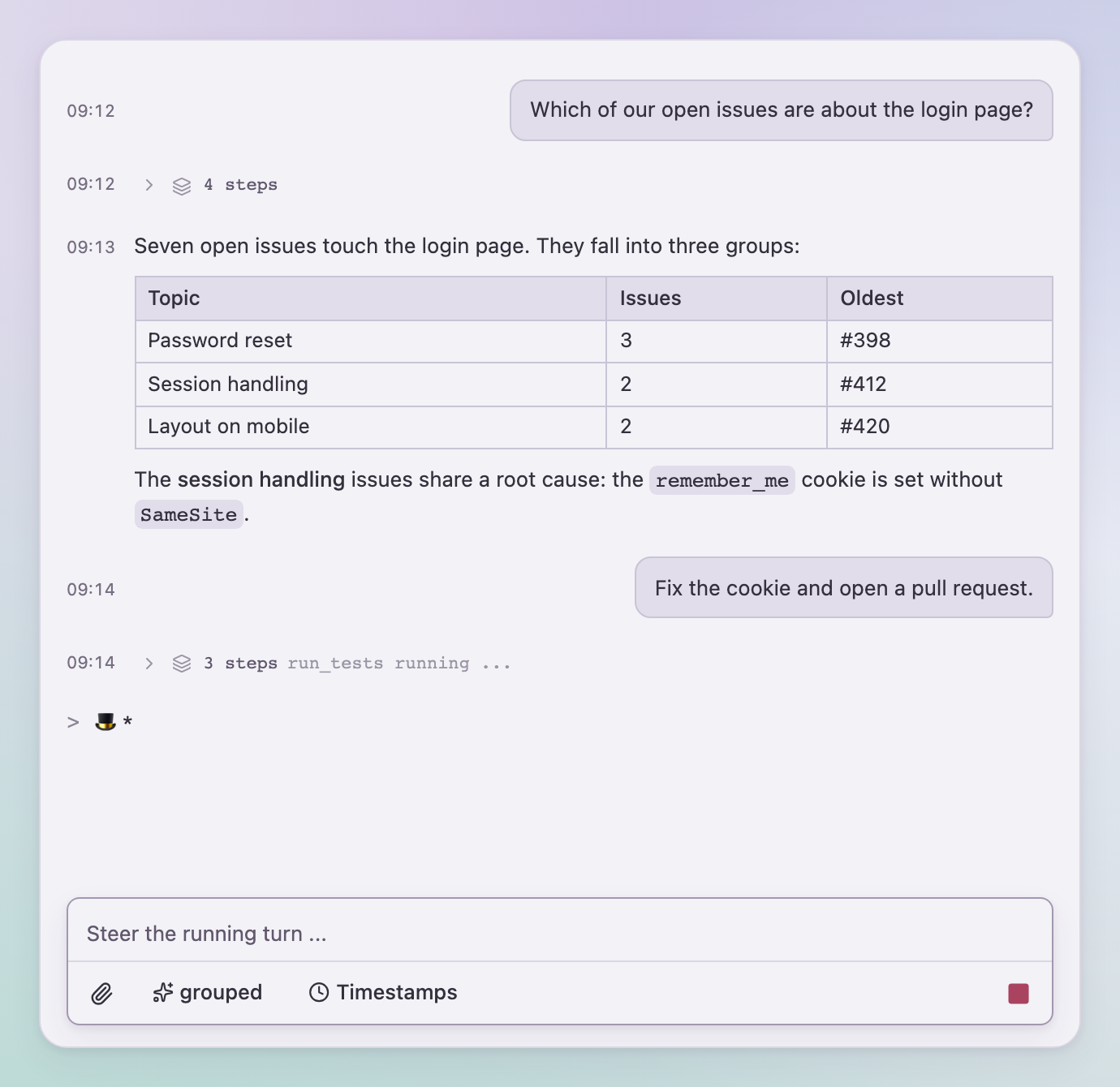 An agent chat with grouped steps, timestamps, Markdown and the input card