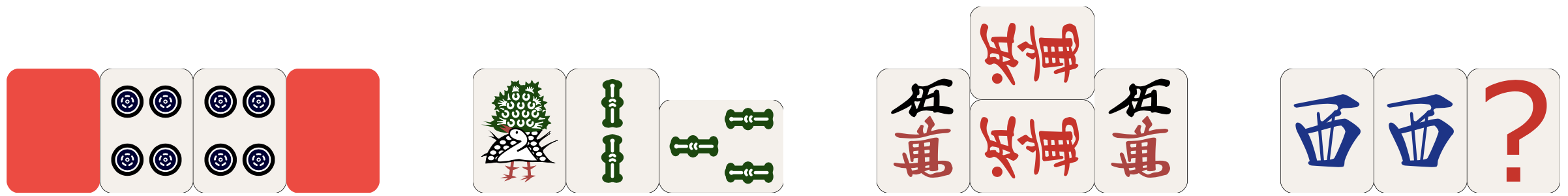 4 groups of mahjong tiles separated by spaces. Group 1: A concealed tile, showing its red backside, 4 dots, 4 dots, concealed tile. Group 2: 1 bamboo, 2 bamboo, 3 bamboo, rotated 90° counter-clockwise. Group 3: 5 character, two red 5 character, rotated 90° counter-clockwise and stacked, 5 character. Group 4: south wind, south wind, a tile with a question mark.