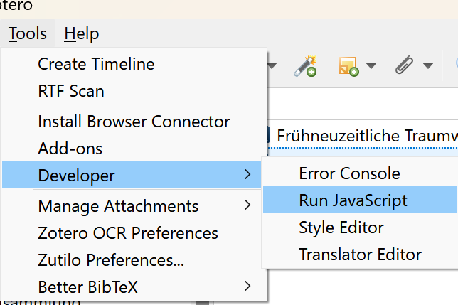 Screenshot showing the menu and submenus: Tools, Developer, Run JavaScript