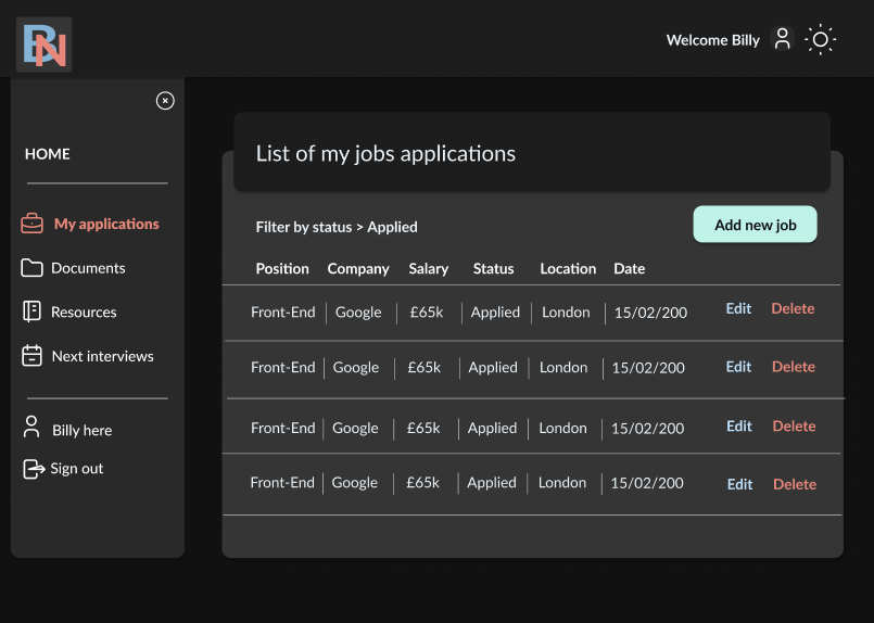 table in dark mode