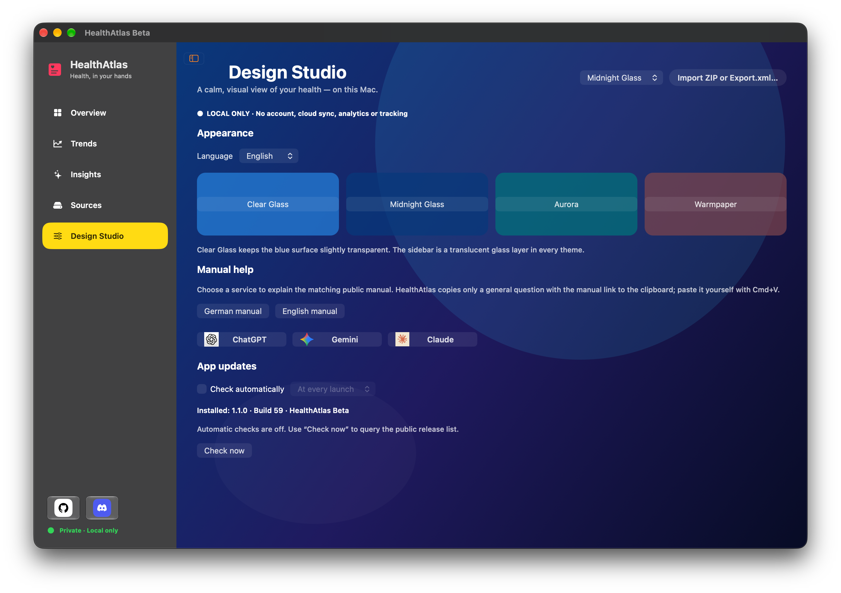 HealthAtlas Design Studio mit synthetischen Demodaten