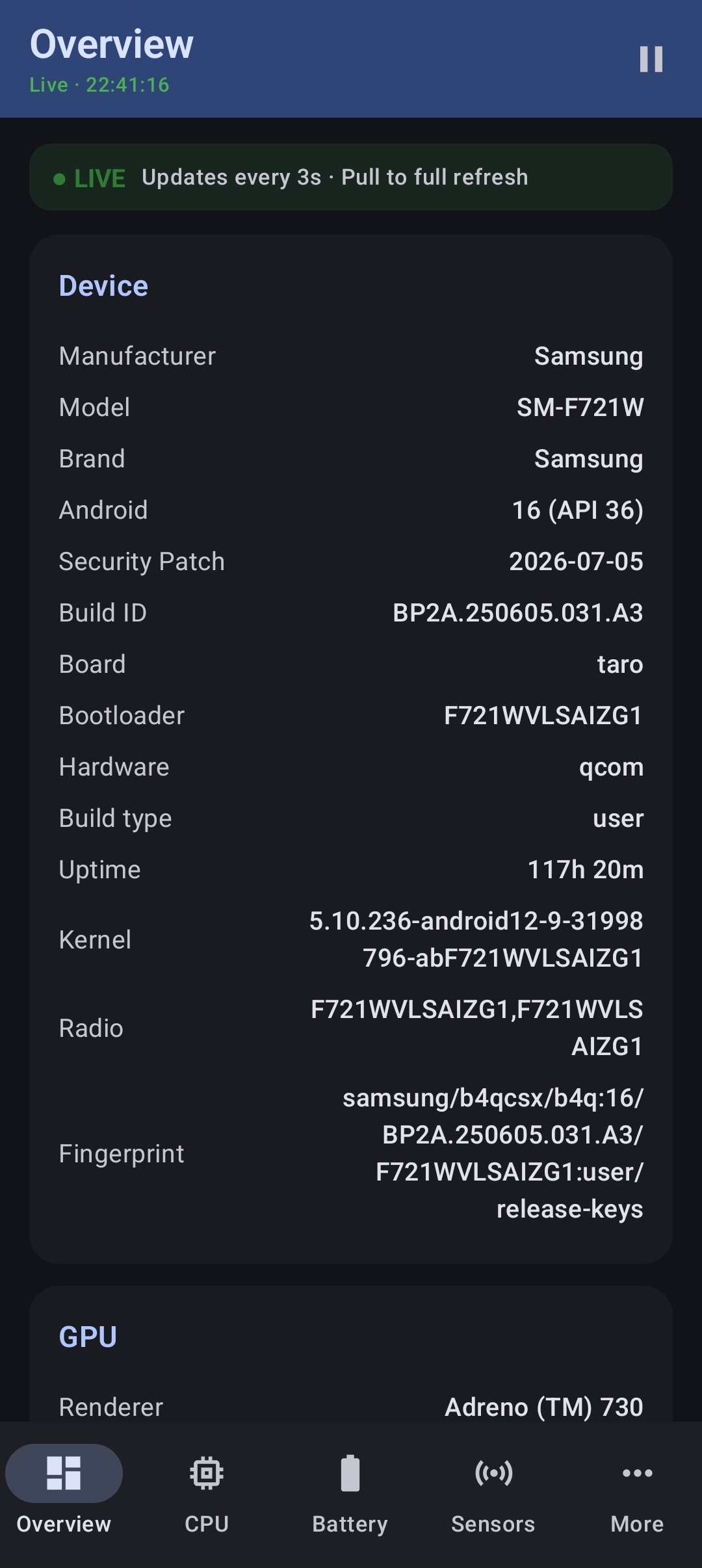 Overview screen showing device model, Android version, board, bootloader, uptime and kernel