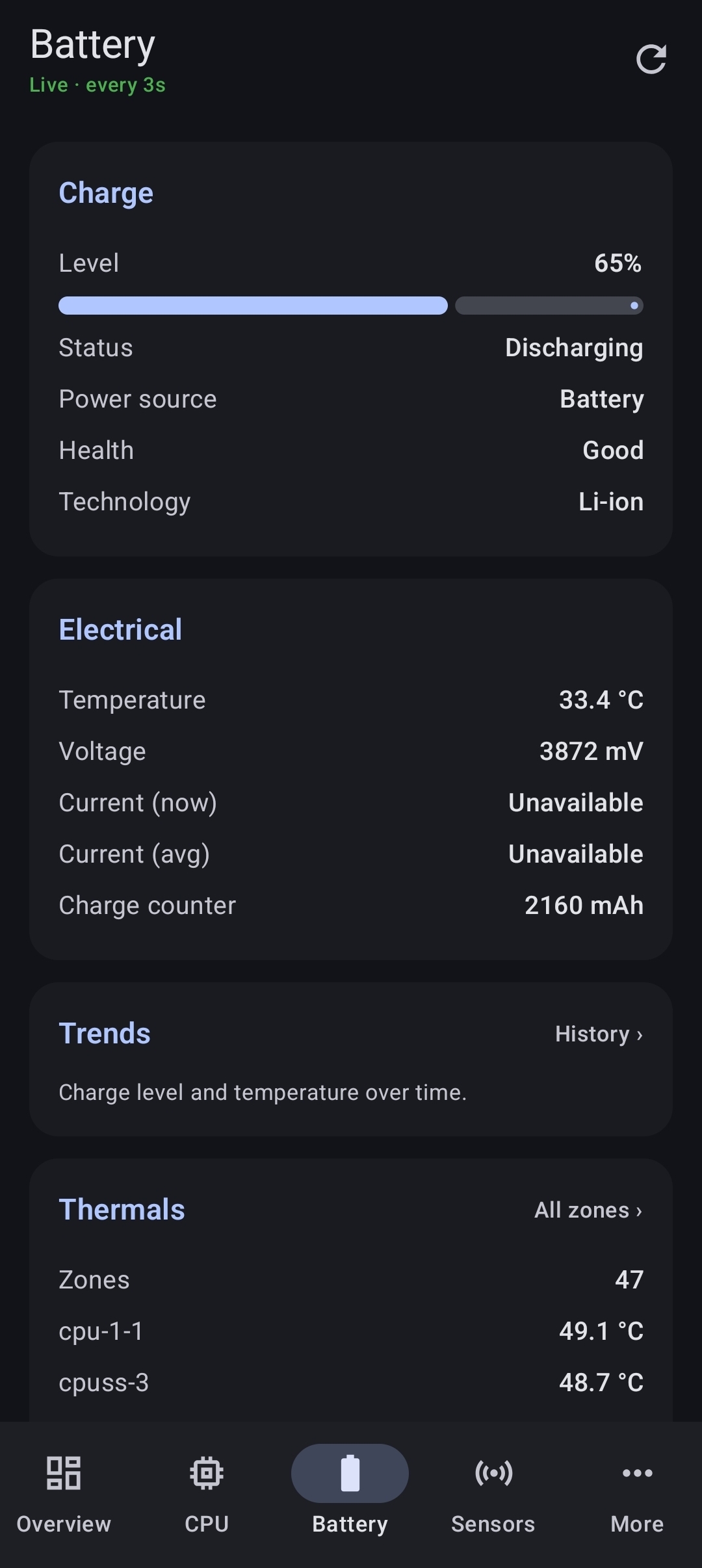 Battery screen showing charge level, health, temperature, voltage and thermal zones