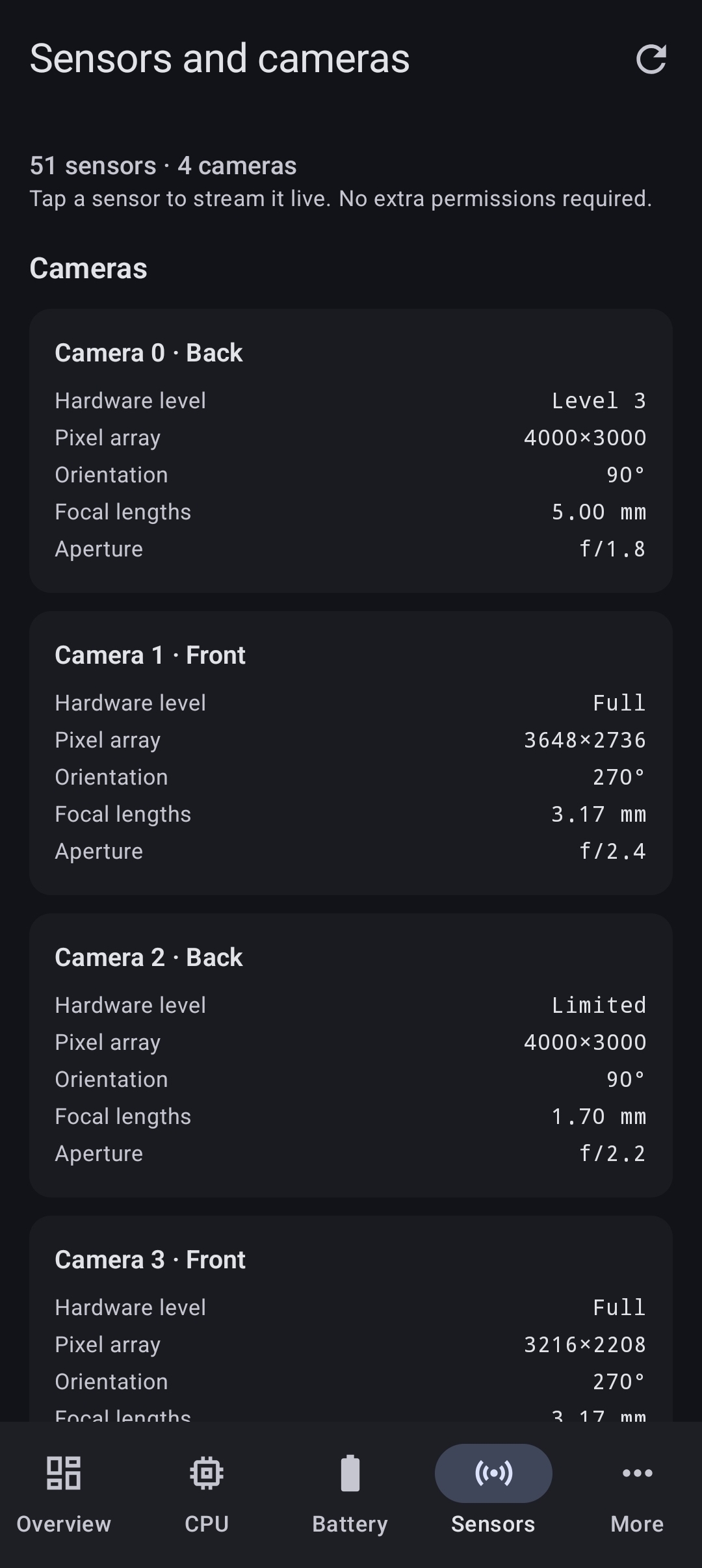 Sensors screen listing cameras with hardware level, pixel array and aperture