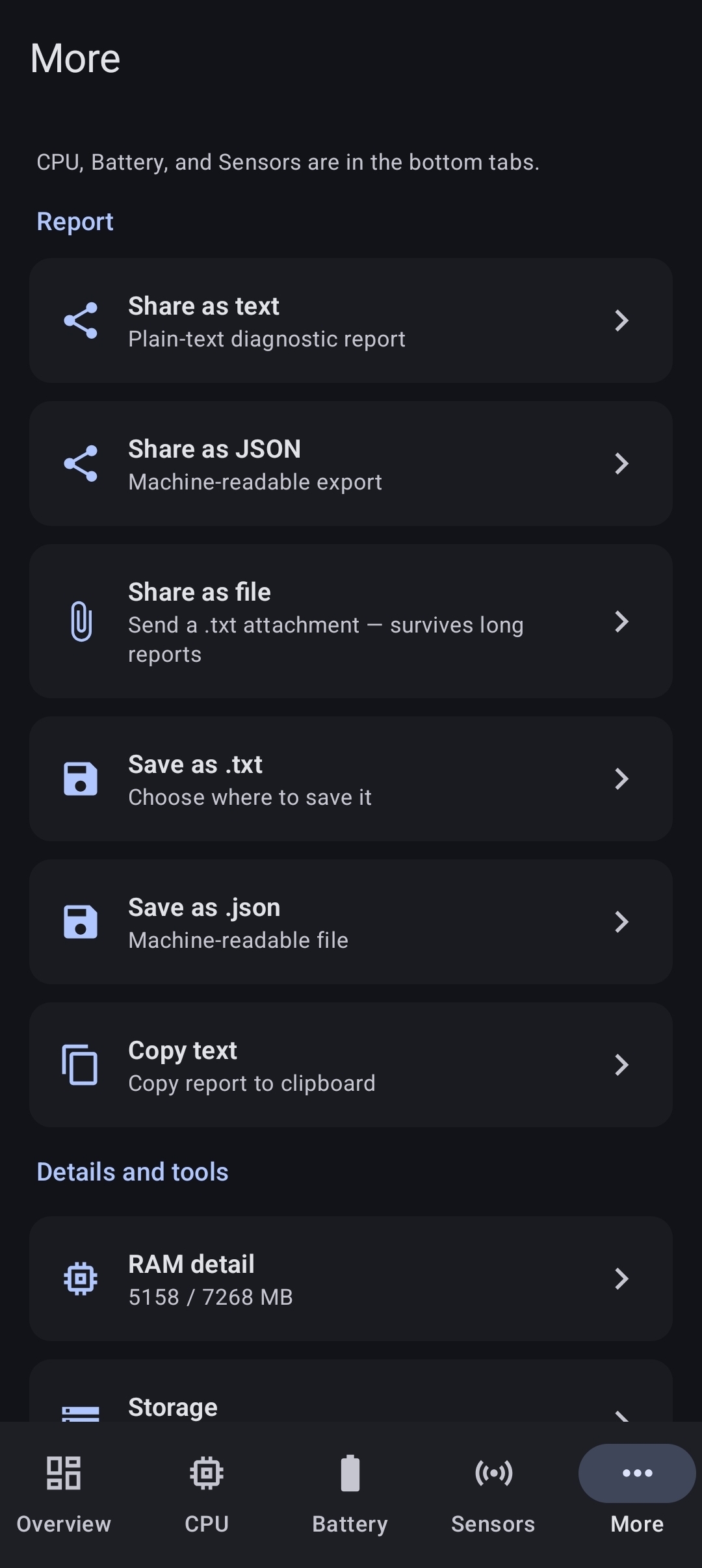 More screen showing report share, save and copy actions