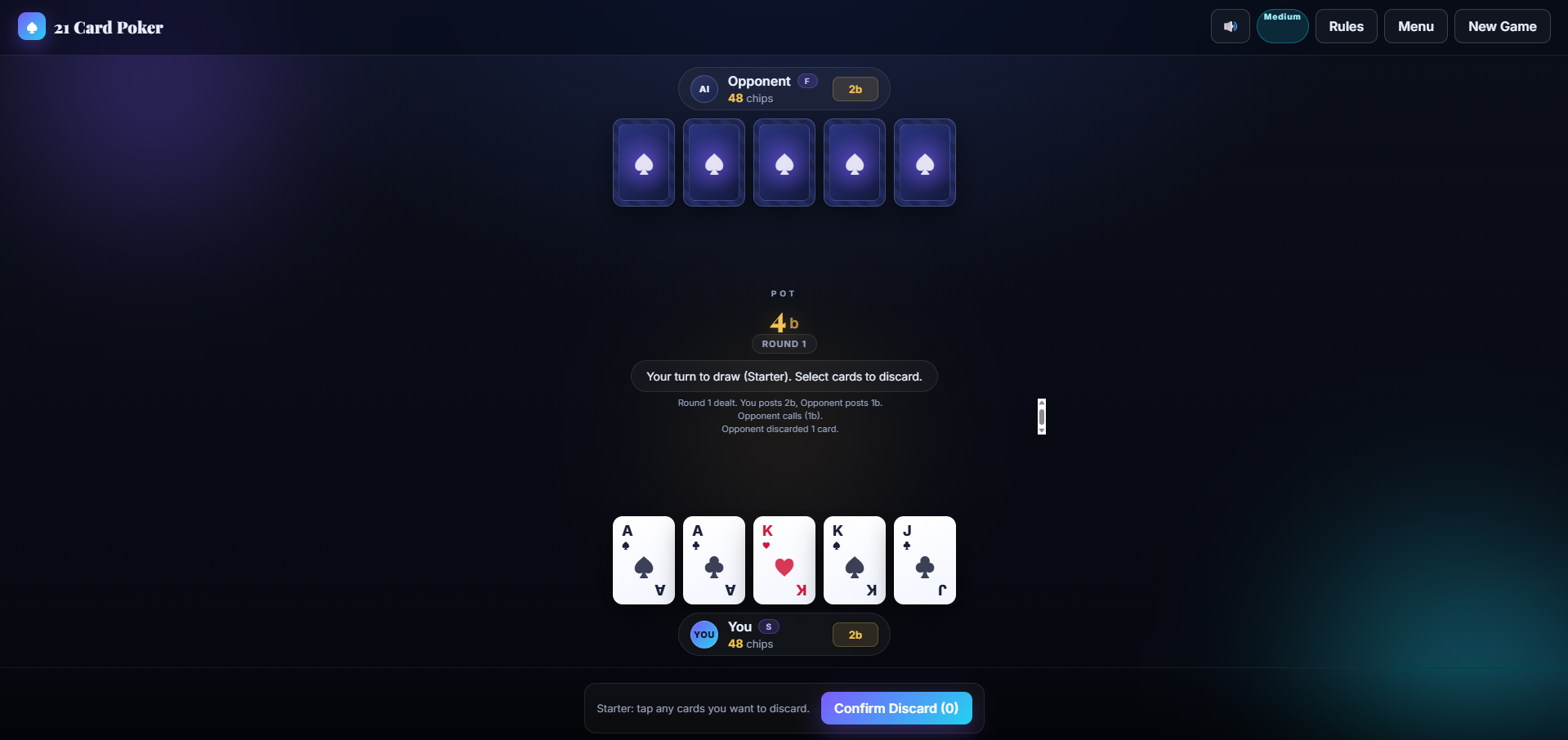 21 Card Poker — In Game