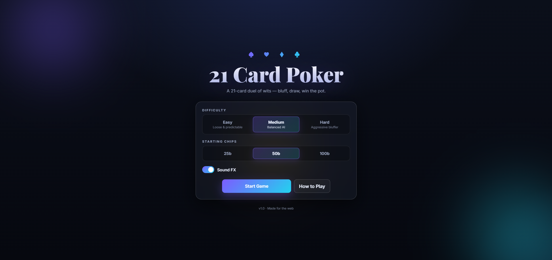 21 Card Poker — Start Screen