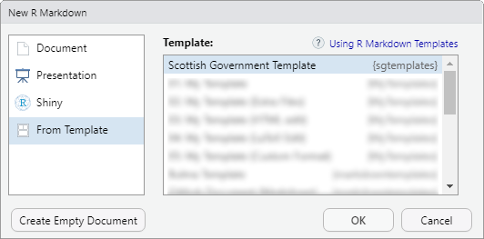 Screenshot of RStudio's new R markdown document dialogue, with sgtemplates installed