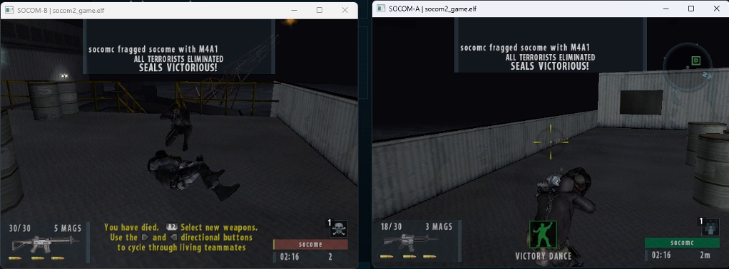 Two copies of the game finishing an online round against each other on the project's test server