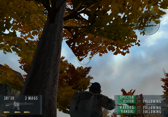 In a mission, with the HUD and the squad