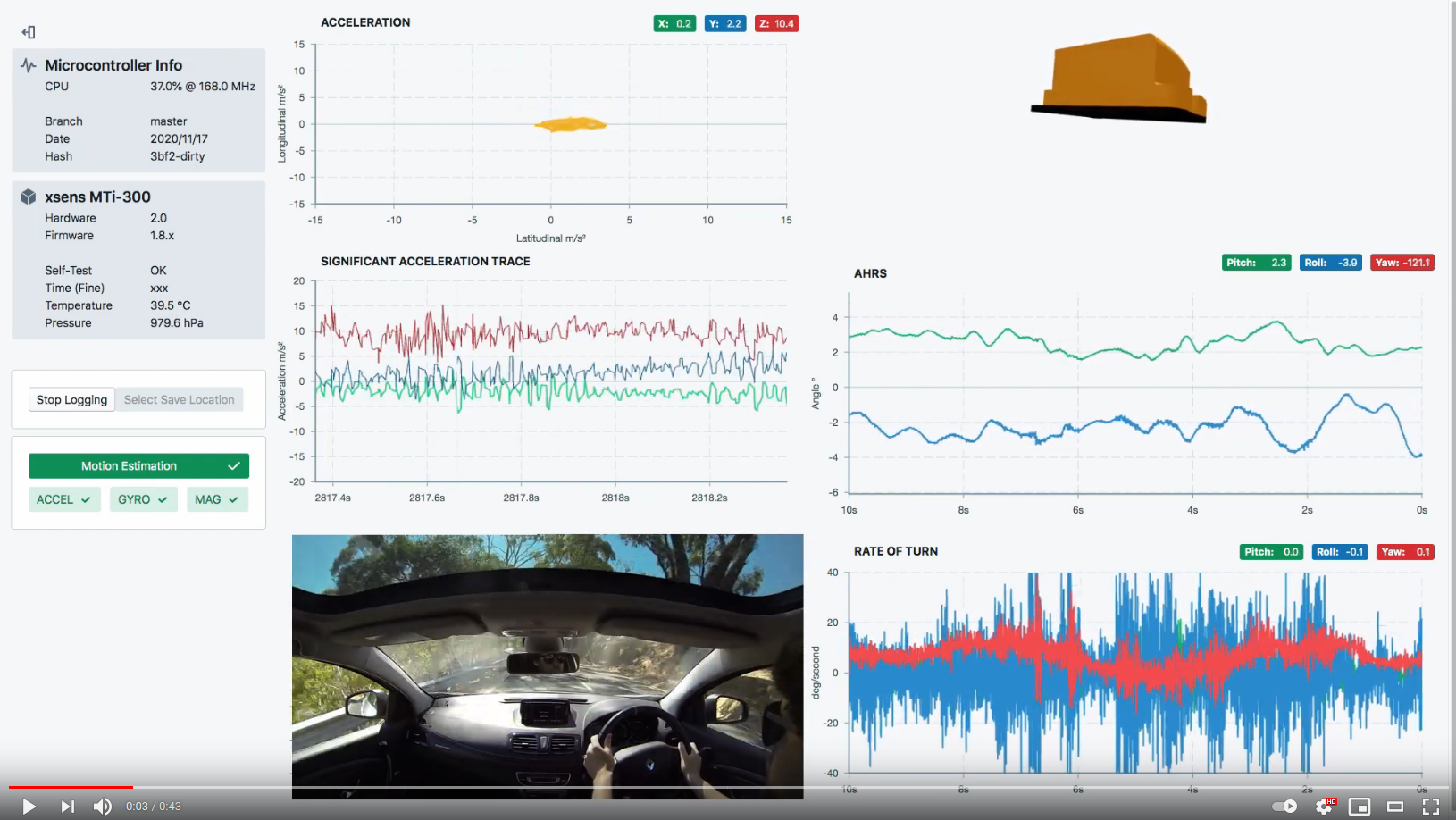 Youtube video of motion data plotting in car