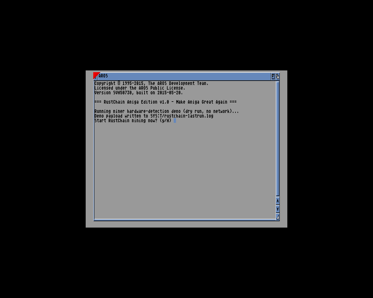 RustChain Amiga Edition distro banner on AROS