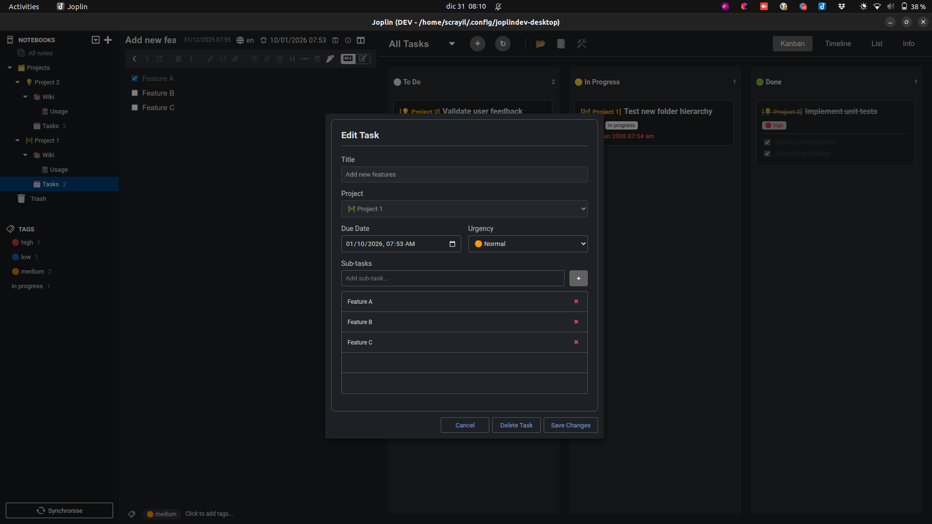 Dialog used to edit or delete a specific task