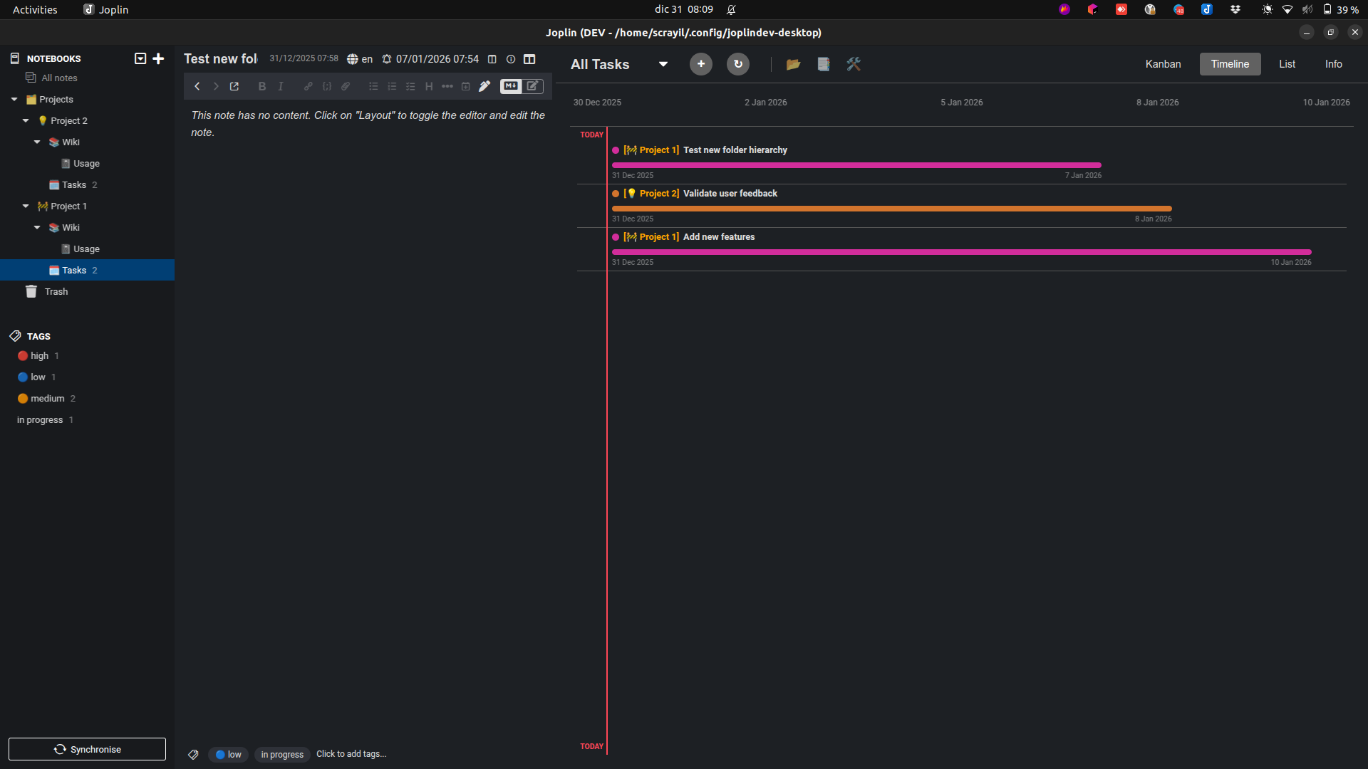 Timeline view showing all active tasks having a due datetime