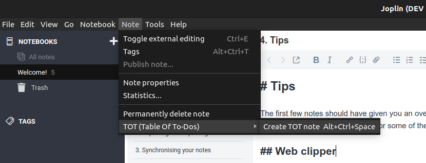 Toolbar button to create a TOT note