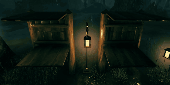 Two shelters in swamp rain at 20x speed: the left roof weathers, the right one is water sealed
