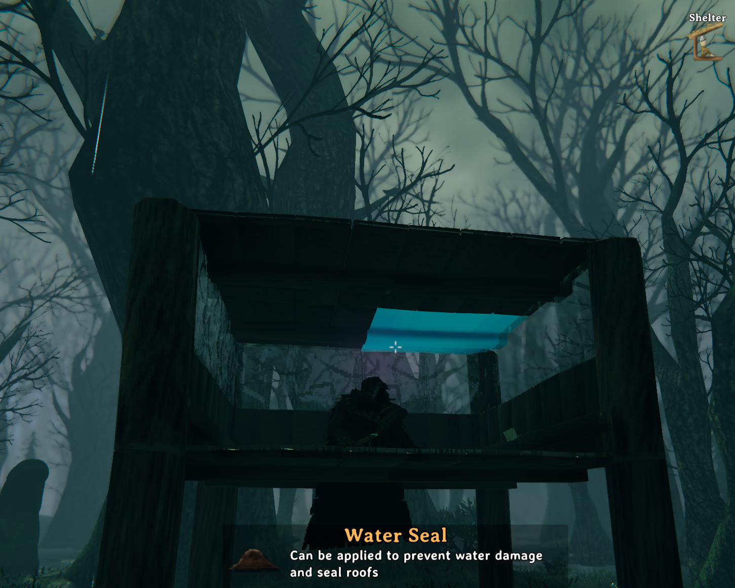 A swamp shelter with a water sealed roof piece highlighted cyan