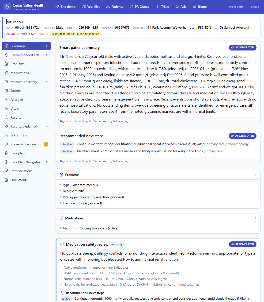 Cedar Valley Health: a patient chart with AI decision support woven into the clinician's workflow