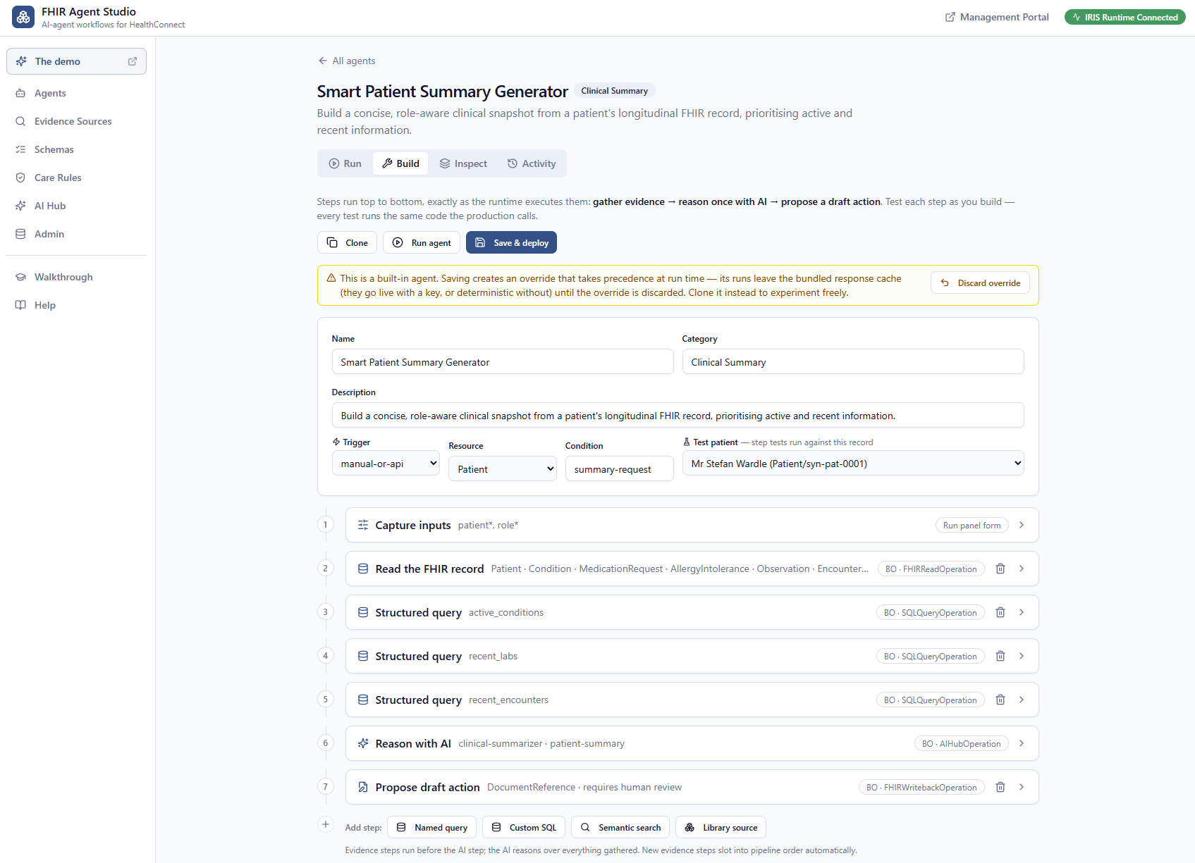 The Build view: an agent as a pipeline of steps you can test one at a time, with a preview of the exact prompt