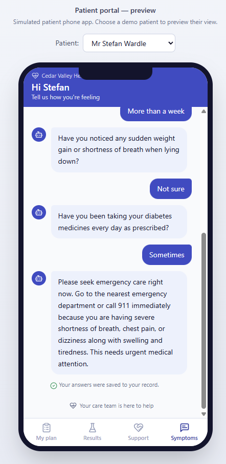 The patient portal: results, care plan, and support in plain language on a phone