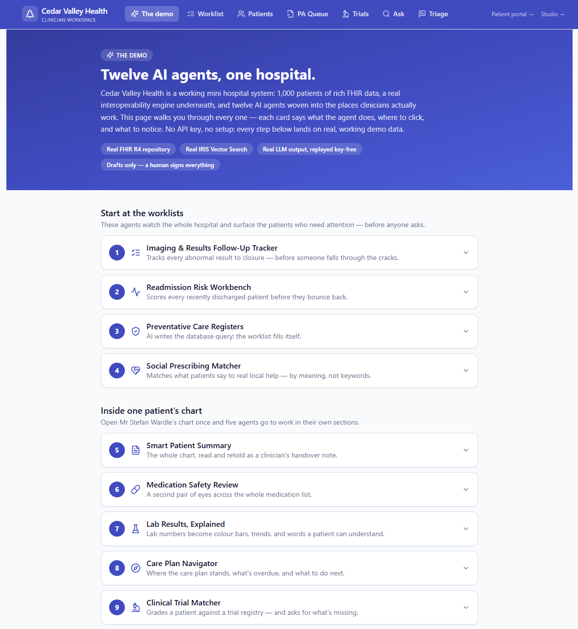The guided demo: all twelve agents, each with a description and a Try it link