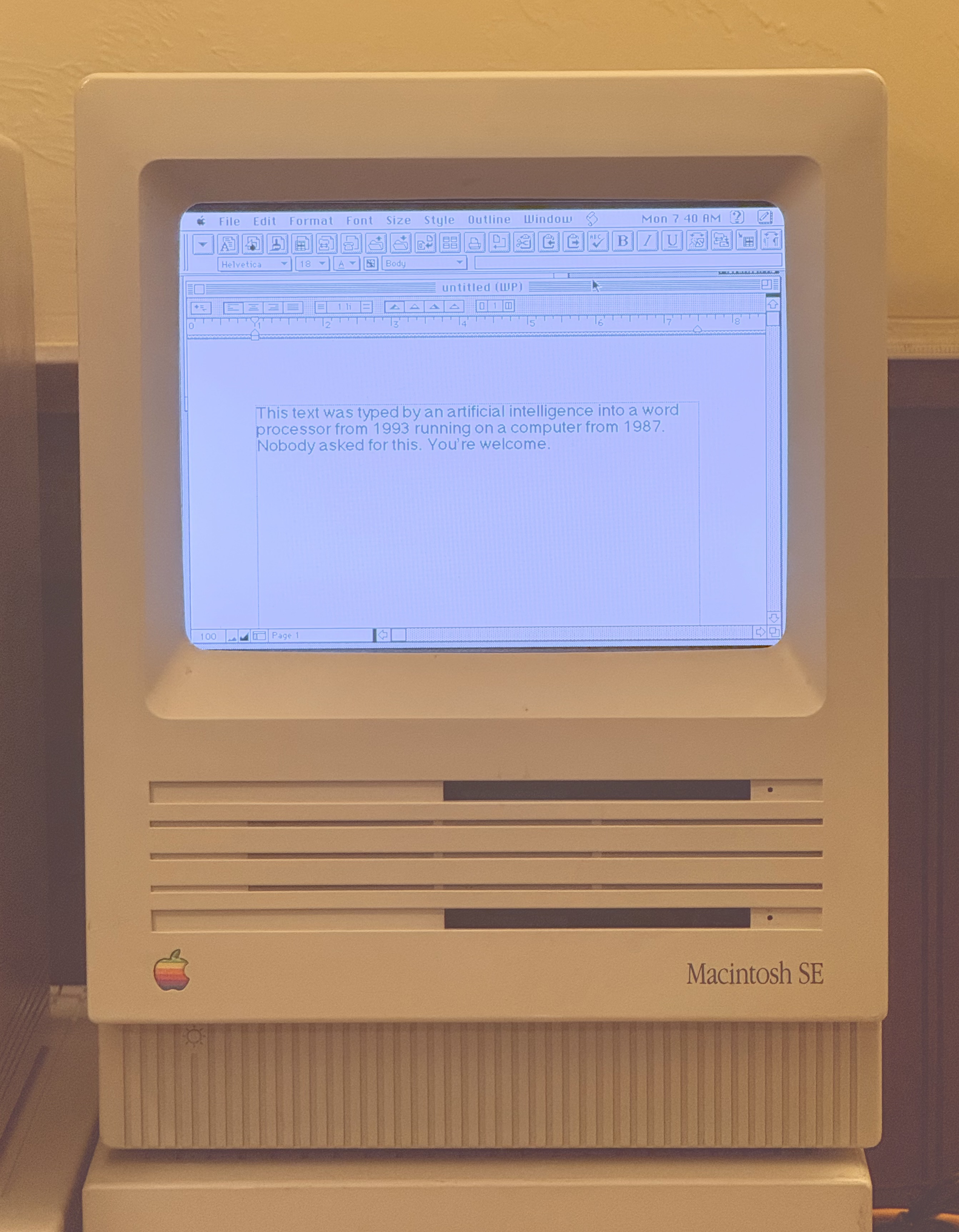 Text typed by Claude into a Mac SE via AgentBridge