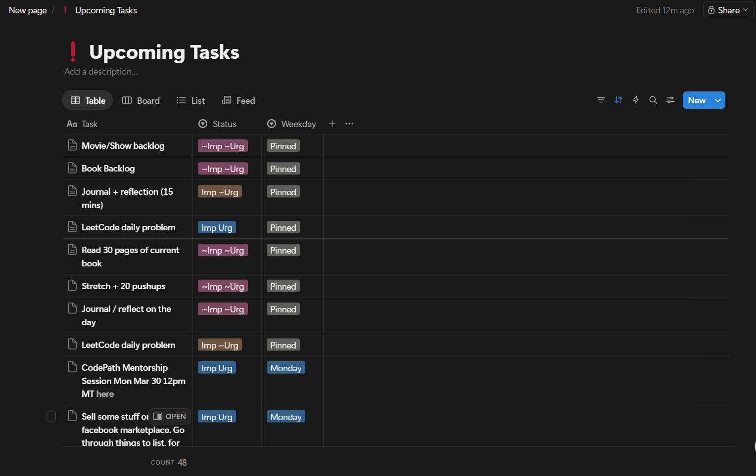Upcoming Tasks database