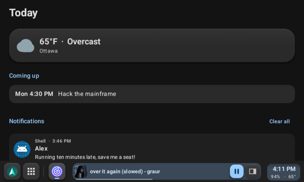 The dashboard, with the weather, the next calendar event, and recent notifications