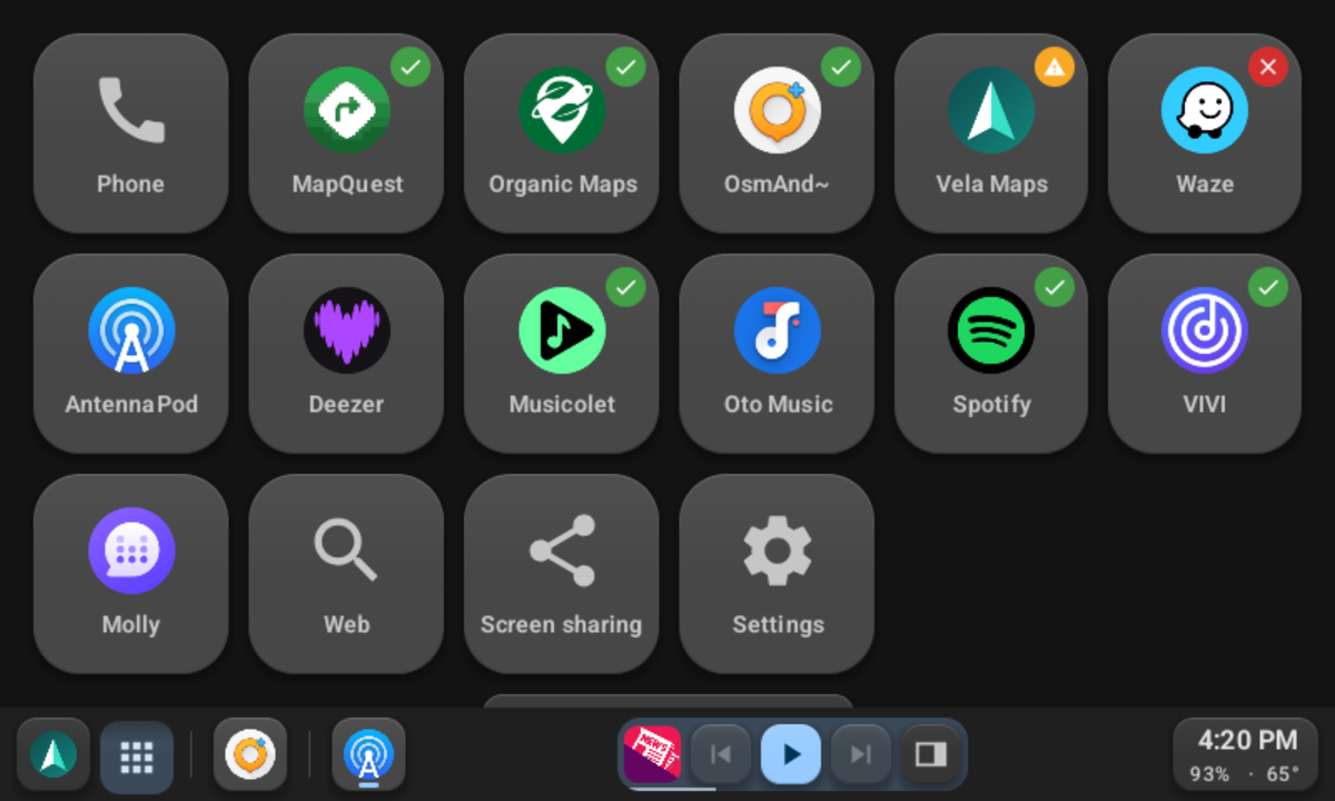 The launcher, with apps grouped into phone, maps, music, and messaging