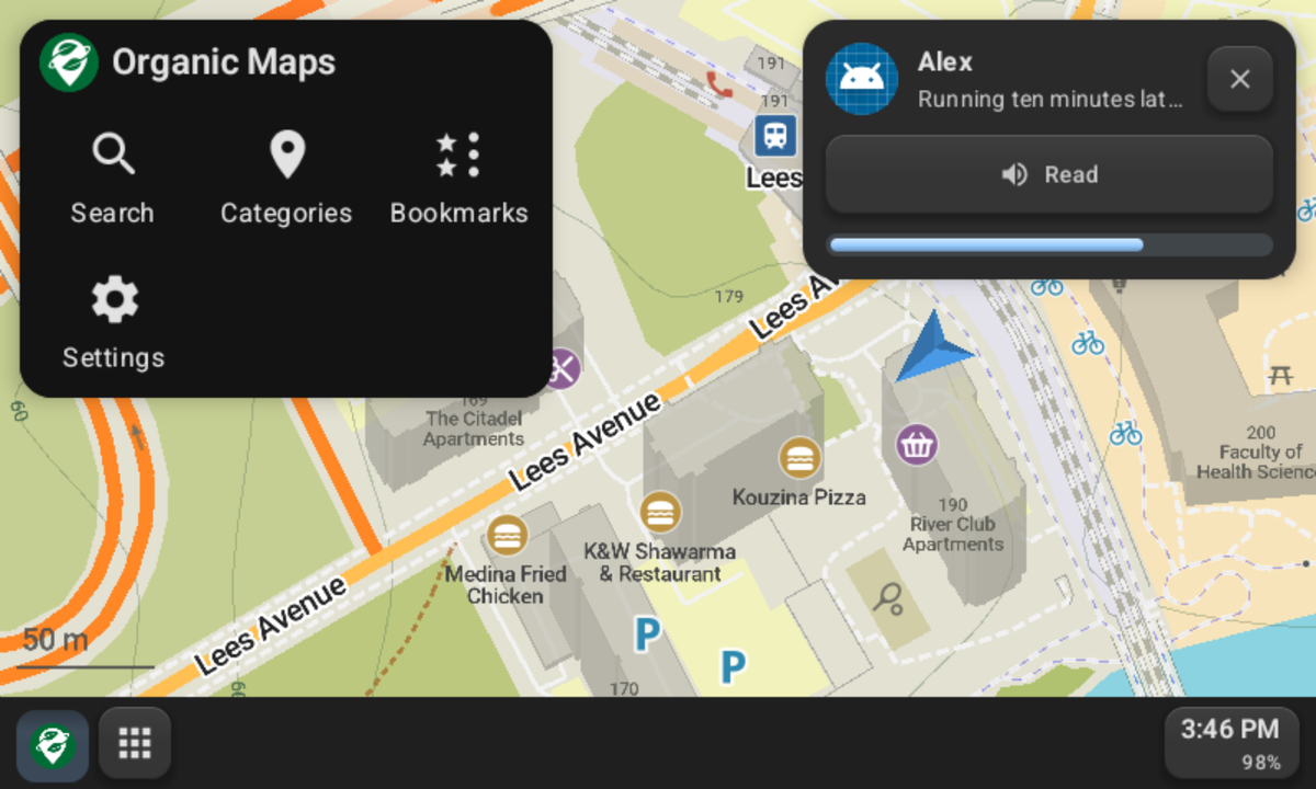 A new message card over Organic Maps
