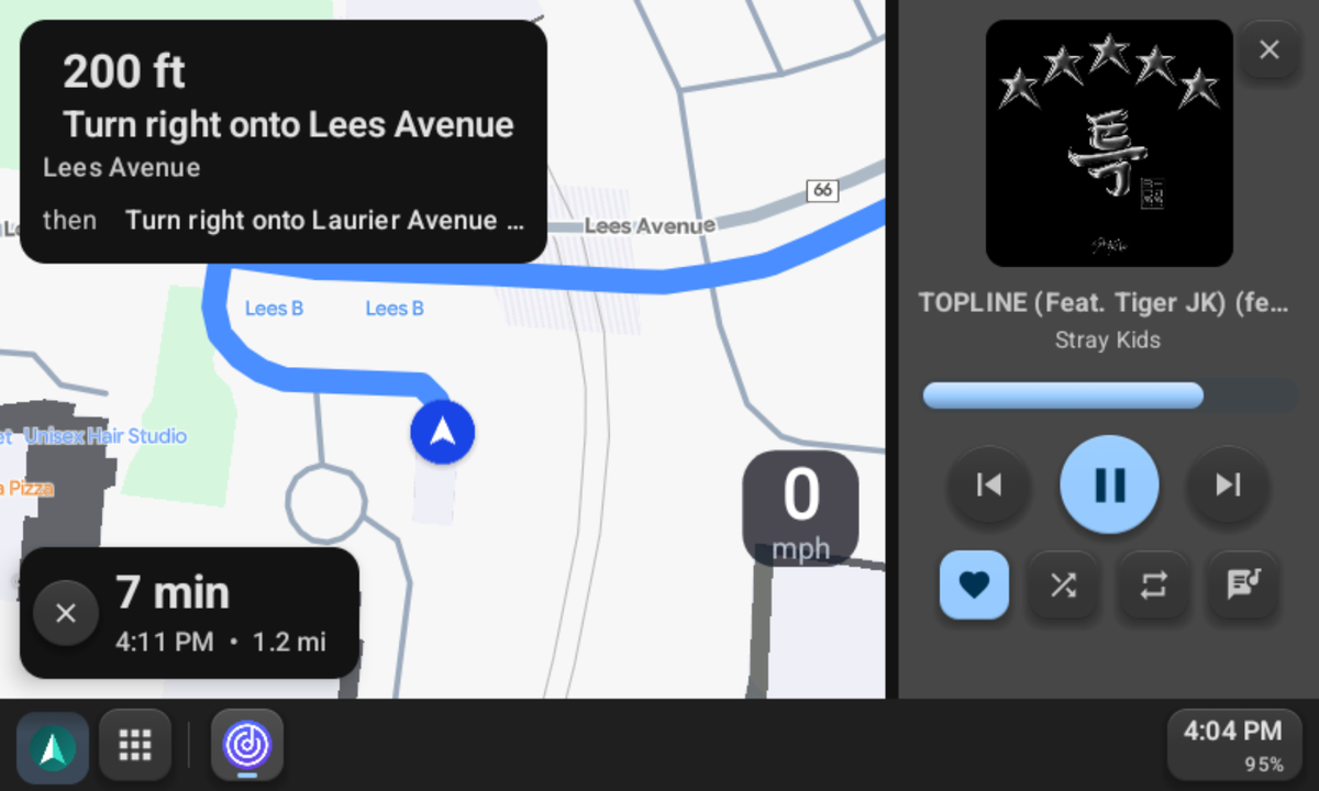 Vela Maps giving turn-by-turn directions, with the music player beside the map