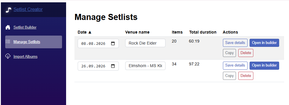 Manage saved setlists