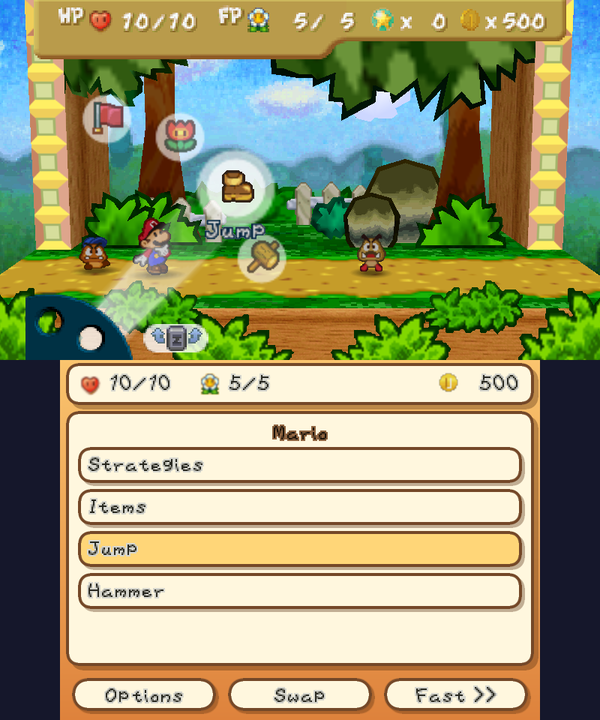 A battle, with Mario's commands as buttons on the bottom screen